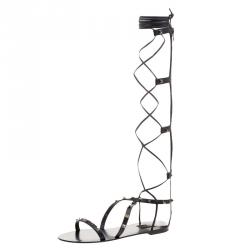 Pre Owned Valentino Black Leather Knee High Rockstud Gladiator Sandals Size 38