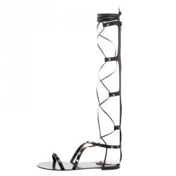 Pre Owned Valentino Black Leather Knee High Rockstud Gladiator Sandals Size 38
