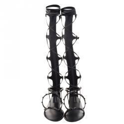 Pre Owned Valentino Black Leather Knee High Rockstud Gladiator Sandals Size 38