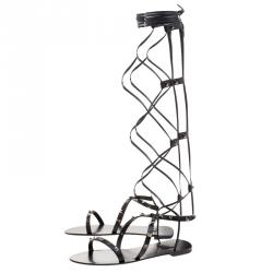 Pre Owned Valentino Black Leather Knee High Rockstud Gladiator Sandals Size 38