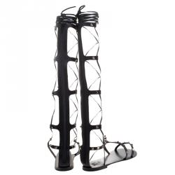 Pre Owned Valentino Black Leather Knee High Rockstud Gladiator Sandals Size 38