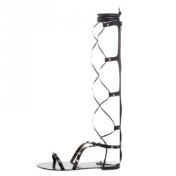 Pre Owned Valentino Black Leather Knee High Rockstud Gladiator Sandals Size 39.5