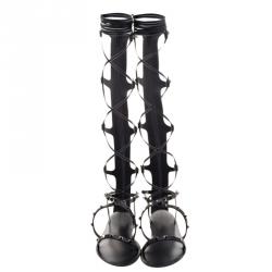 Pre Owned Valentino Black Leather Knee High Rockstud Gladiator Sandals Size 39.5