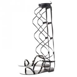 Pre Owned Valentino Black Leather Knee High Rockstud Gladiator Sandals Size 39.5