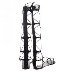 Pre Owned Valentino Black Leather Knee High Rockstud Gladiator Sandals Size 39.5