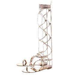 Pre Owned Valentino Metallic Bronze Leather Knee High Rockstud Gladiator Sandals Size 38