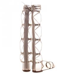 Pre Owned Valentino Metallic Bronze Leather Knee High Rockstud Gladiator Sandals Size 38