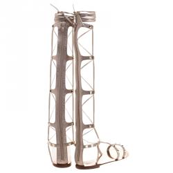 Pre Owned Valentino Metallic Bronze Leather Knee High Rockstud Gladiator Sandals Size 39.5