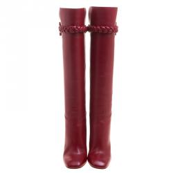 Pre Owned Valentino Red Leather Braided Over the Knee Boots Size 36