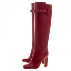 Pre Owned Valentino Red Leather Braided Over the Knee Boots Size 36