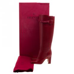 Pre Owned Valentino Red Leather Braided Over the Knee Boots Size 36