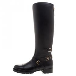 Pre Owned Valentino Black Leather Rockstud Strap Knee Length Biker Boots Size 37.5