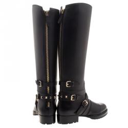 Pre Owned Valentino Black Leather Rockstud Strap Knee Length Biker Boots Size 37.5