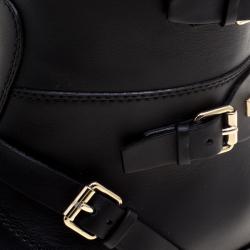 Pre Owned Valentino Black Leather Rockstud Strap Knee Length Biker Boots Size 37.5