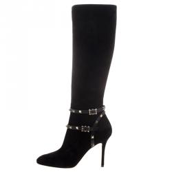 Pre Owned Valentino Black Suede Rockstud Knee Length Boots Size 41