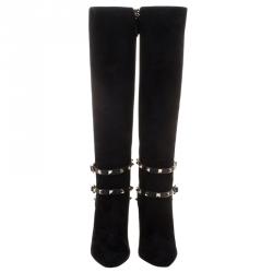 Pre Owned Valentino Black Suede Rockstud Knee Length Boots Size 41