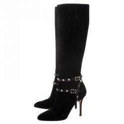 Pre Owned Valentino Black Suede Rockstud Knee Length Boots Size 41