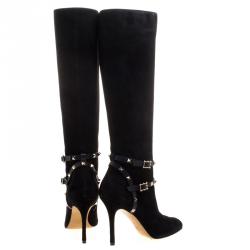 Pre Owned Valentino Black Suede Rockstud Knee Length Boots Size 41