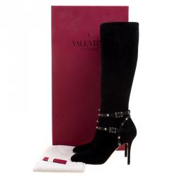 Pre Owned Valentino Black Suede Rockstud Knee Length Boots Size 41