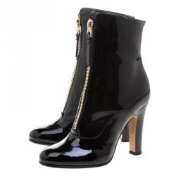 Pre Owned Valentino Black Patent Leather Zip Detail Ankle Boots Size 38.5