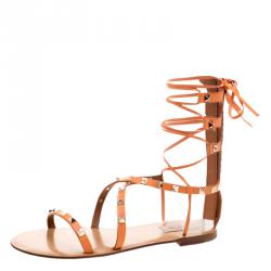 Pre Owned Valentino Orange Leather Rockstud Gladiator Sandals Size 38.5