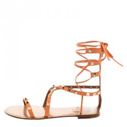 Pre Owned Valentino Orange Leather Rockstud Gladiator Sandals Size 38.5