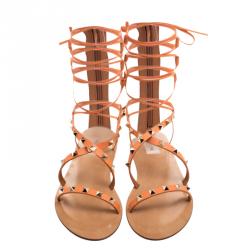 Pre Owned Valentino Orange Leather Rockstud Gladiator Sandals Size 38.5
