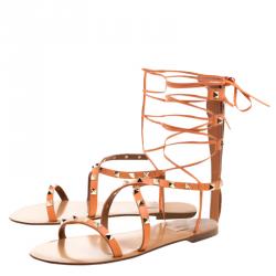 Pre Owned Valentino Orange Leather Rockstud Gladiator Sandals Size 38.5