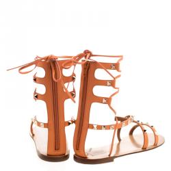 Pre Owned Valentino Orange Leather Rockstud Gladiator Sandals Size 38.5