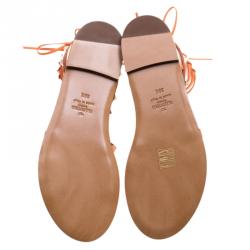 Pre Owned Valentino Orange Leather Rockstud Gladiator Sandals Size 38.5