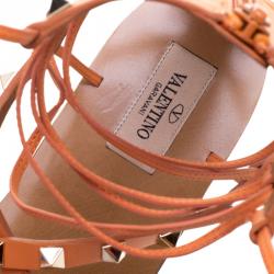 Pre Owned Valentino Orange Leather Rockstud Gladiator Sandals Size 38.5