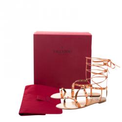 Pre Owned Valentino Orange Leather Rockstud Gladiator Sandals Size 38.5