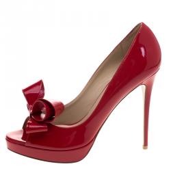 Pre Owned Valentino Red Patent Leather Couture Bow Peep Toe Platform Pumps Size 40