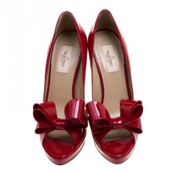 Pre Owned Valentino Red Patent Leather Couture Bow Peep Toe Platform Pumps Size 40