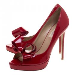 Pre Owned Valentino Red Patent Leather Couture Bow Peep Toe Platform Pumps Size 40