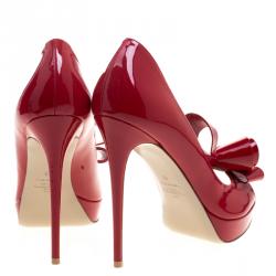 Pre Owned Valentino Red Patent Leather Couture Bow Peep Toe Platform Pumps Size 40