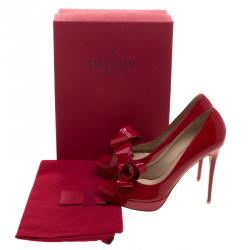 Pre Owned Valentino Red Patent Leather Couture Bow Peep Toe Platform Pumps Size 40