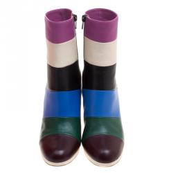 Pre Owned Valentino Multicolor Striped Leather Ankle Boots Size 38