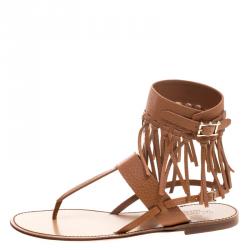 Pre Owned Valentino Brown Leather Fringe Detail Ankle Wrap Flat Sandals Size 38