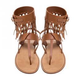 Pre Owned Valentino Brown Leather Fringe Detail Ankle Wrap Flat Sandals Size 38