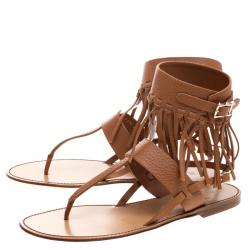 Pre Owned Valentino Brown Leather Fringe Detail Ankle Wrap Flat Sandals Size 38