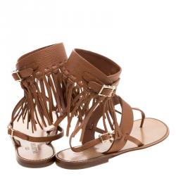 Pre Owned Valentino Brown Leather Fringe Detail Ankle Wrap Flat Sandals Size 38