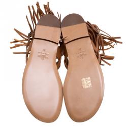 Pre Owned Valentino Brown Leather Fringe Detail Ankle Wrap Flat Sandals Size 38