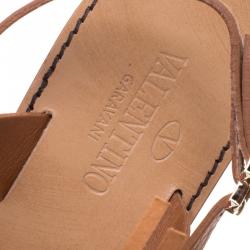 Pre Owned Valentino Brown Leather Fringe Detail Ankle Wrap Flat Sandals Size 38