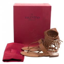 Pre Owned Valentino Brown Leather Fringe Detail Ankle Wrap Flat Sandals Size 38