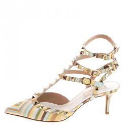Pre Owned Valentino Native Couture 1975 Print Leather Rockstud Sandals Size 38