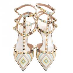 Pre Owned Valentino Native Couture 1975 Print Leather Rockstud Sandals Size 38