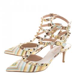 Pre Owned Valentino Native Couture 1975 Print Leather Rockstud Sandals Size 38