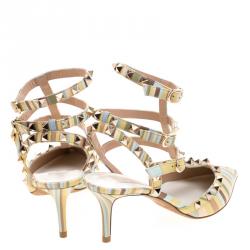 Pre Owned Valentino Native Couture 1975 Print Leather Rockstud Sandals Size 38