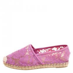 Pre Owned Valentino Pink Lace and Leather Espadrilles Size 37